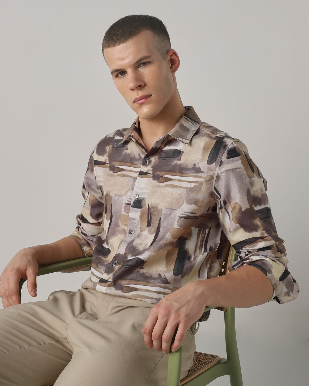 Light Olive Digital Print Slim Fit Casual Shirt