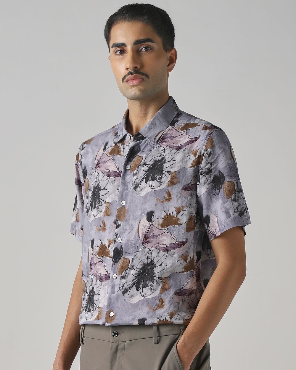 Lilac Floral Print Slim Fit Casual Shirt