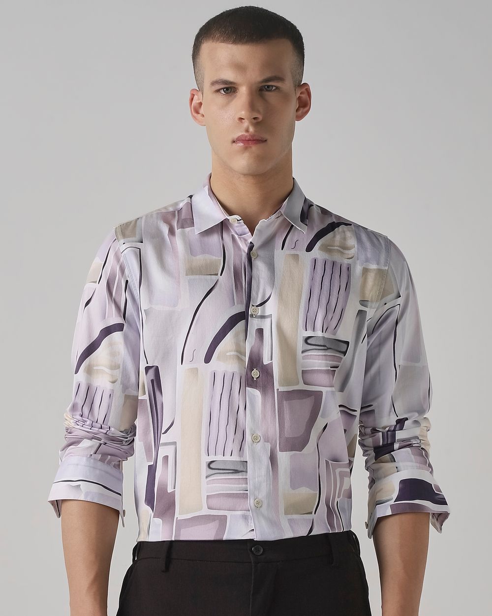 Lilac Abstract Print Slim Fit Casual Shirt