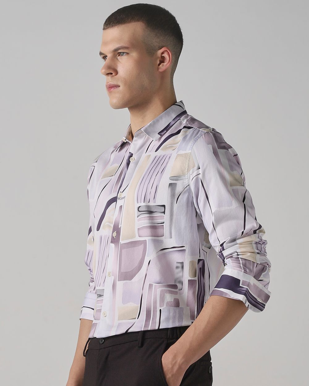 Lilac Abstract Print Slim Fit Casual Shirt