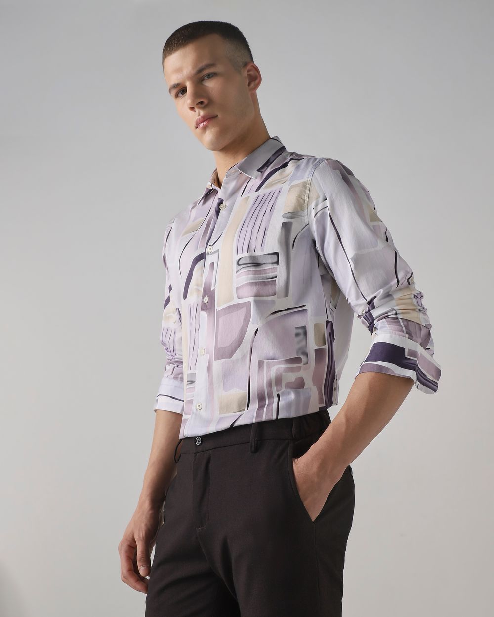 Lilac Abstract Print Slim Fit Casual Shirt