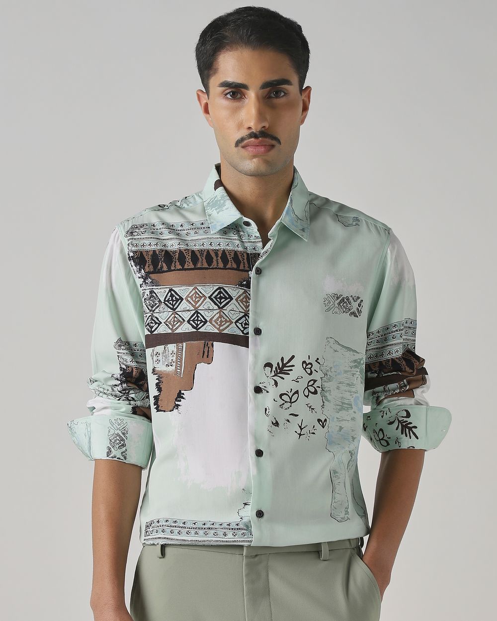 Light Green Digital Print Slim Fit Casual Shirt