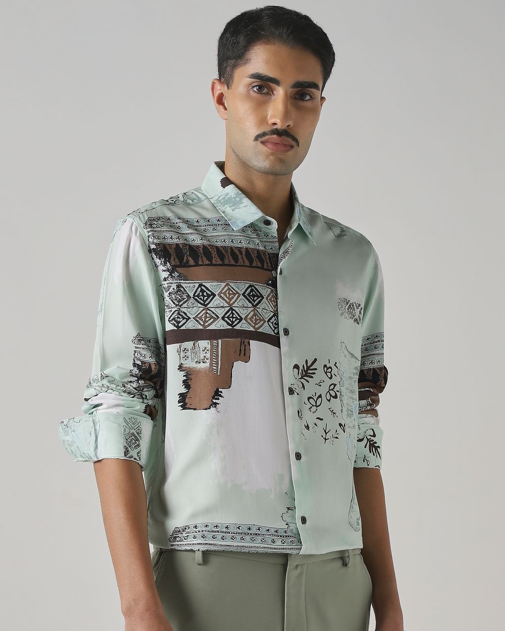 Light Green Digital Print Slim Fit Casual Shirt