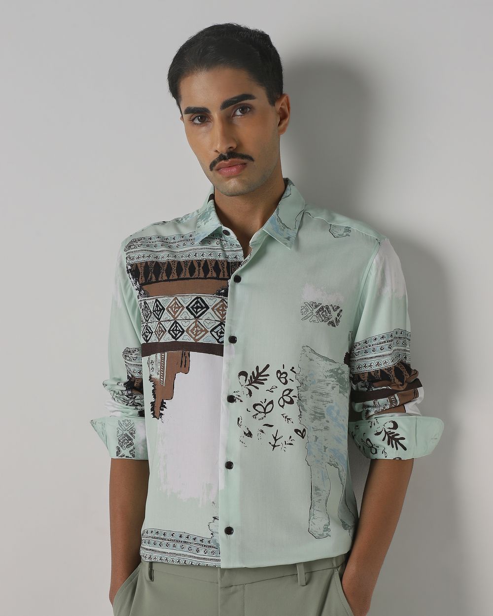 Light Green Digital Print Slim Fit Casual Shirt