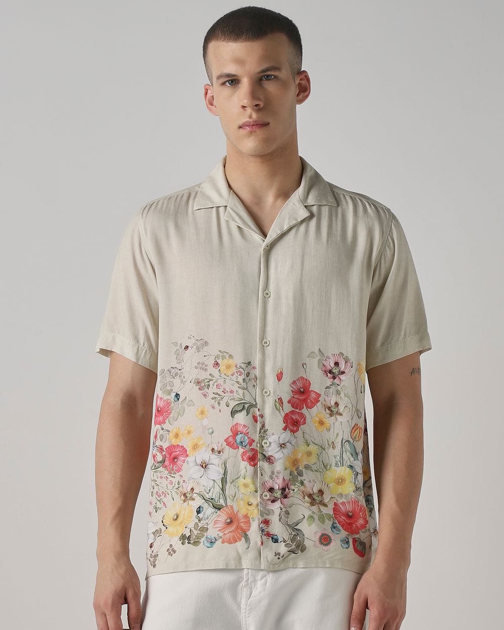 Beige Resort Print Relaxed Fit Casual Shirt
