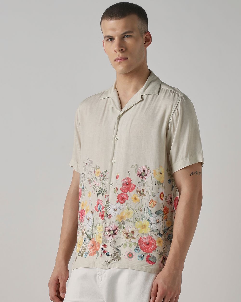 Beige Resort Print Relaxed Fit Casual Shirt