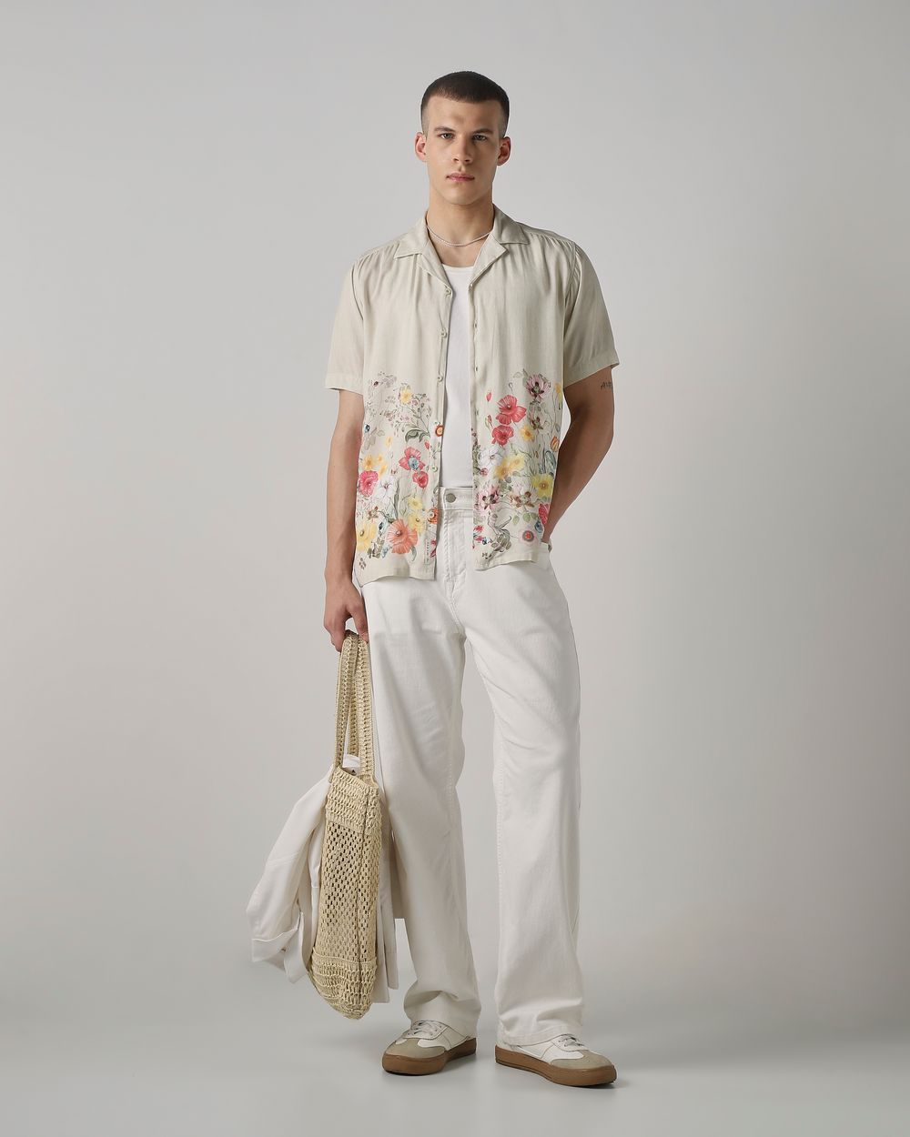 Beige Resort Print Relaxed Fit Casual Shirt