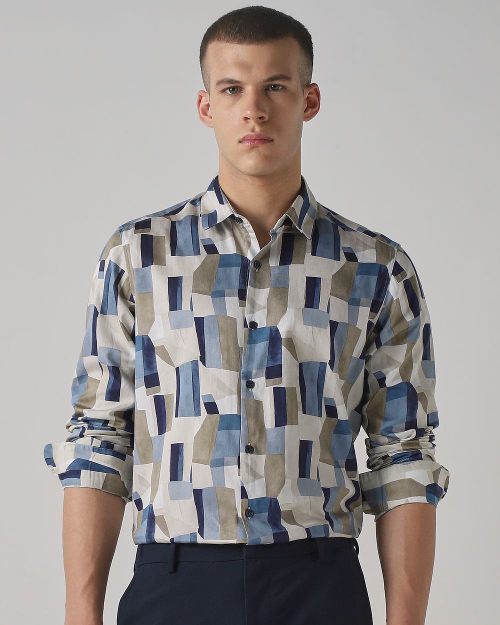 Beige Abstract Print Slim Fit Casual Shirt