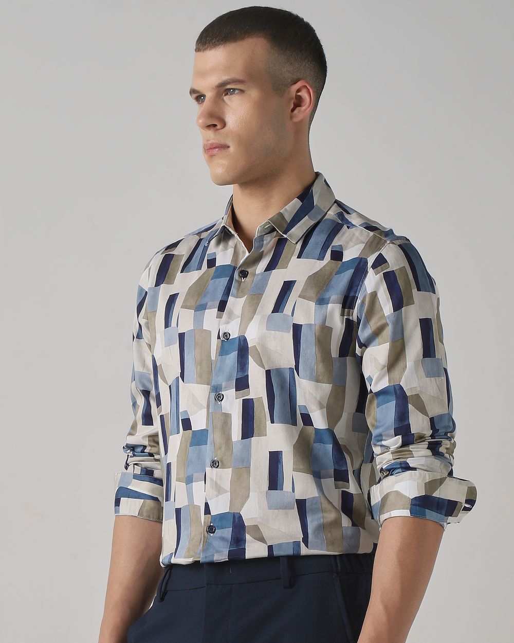 Beige Abstract Print Slim Fit Casual Shirt