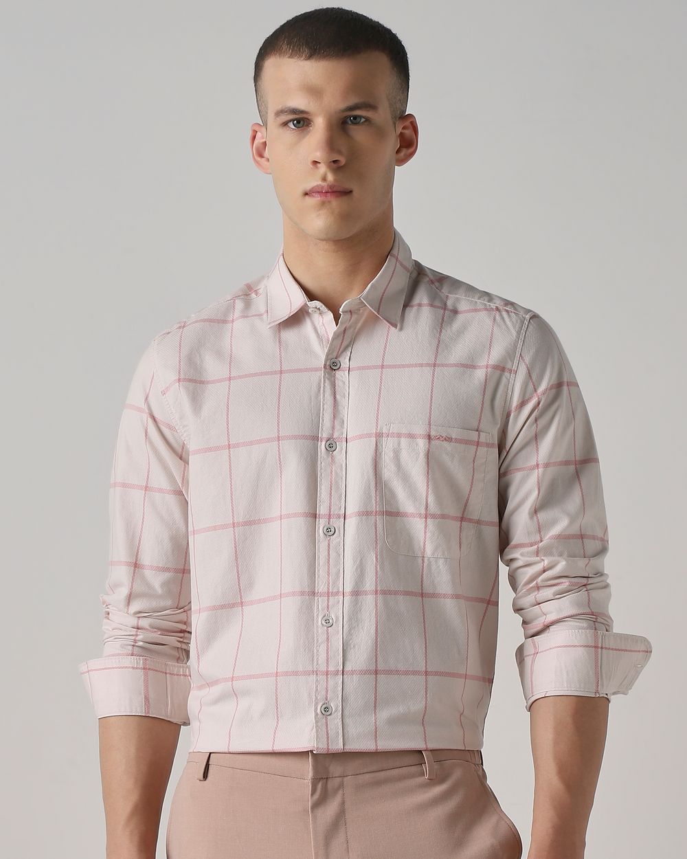 Pink Windowpane Check Slim Fit Casual Shirt