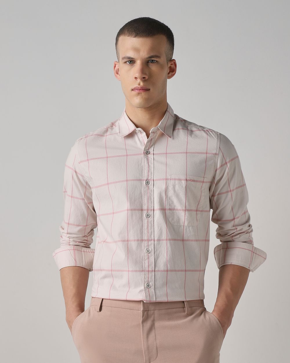 Pink Windowpane Check Slim Fit Casual Shirt