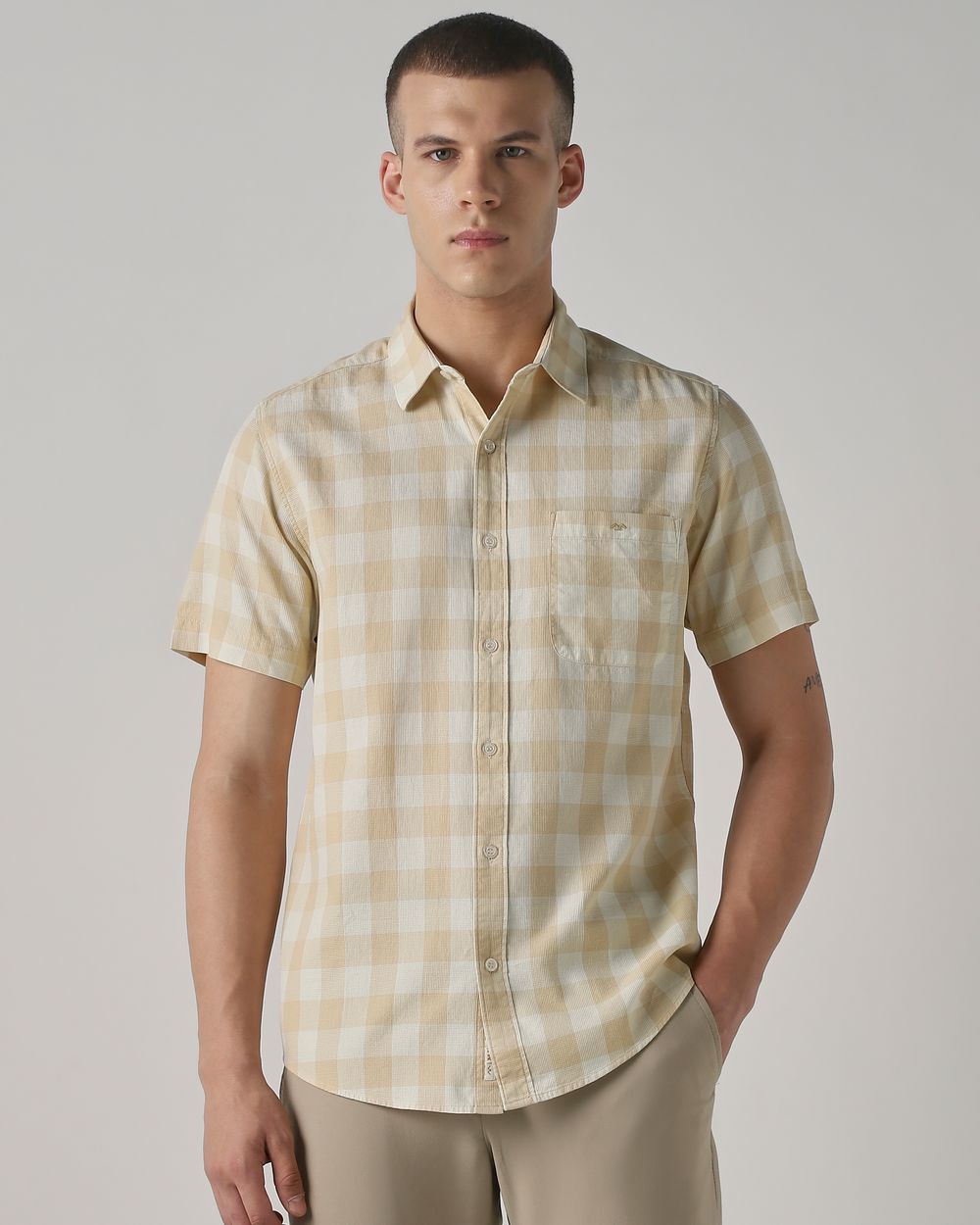 Light Khaki Square Check  Slim Fit Casual Shirt