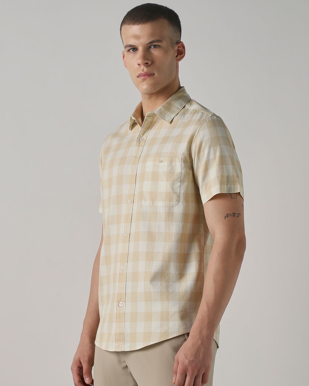Light Khaki Square Check  Slim Fit Casual Shirt