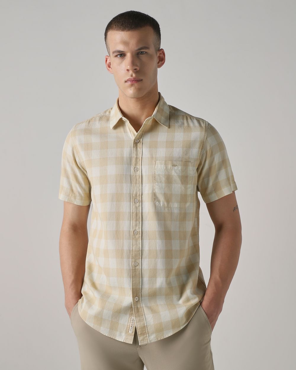 Light Khaki Square Check  Slim Fit Casual Shirt