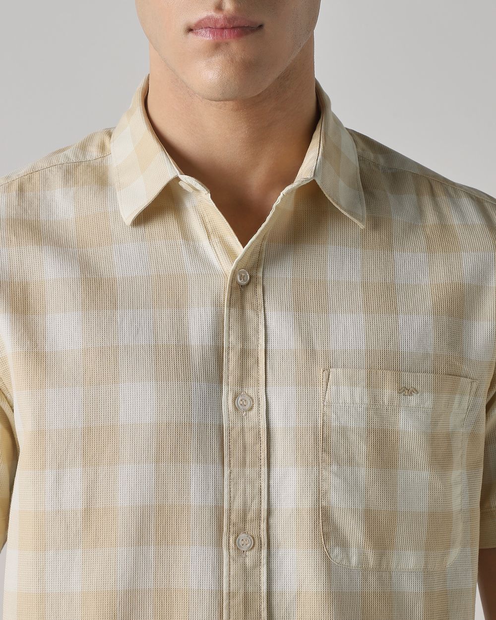Light Khaki Square Check  Slim Fit Casual Shirt