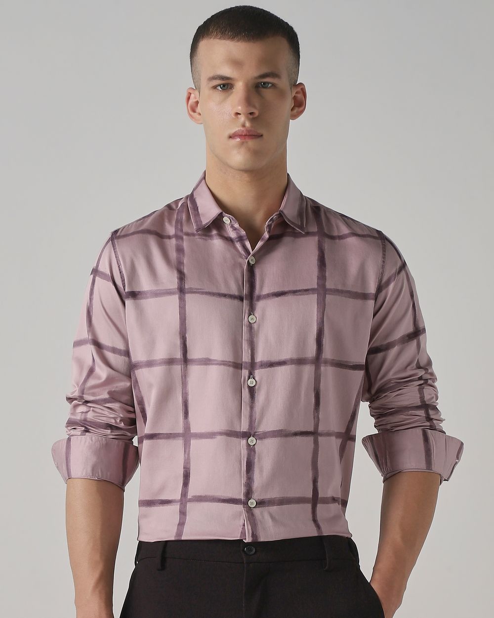 Lilac Large Check Slim Fit Casual Shirt