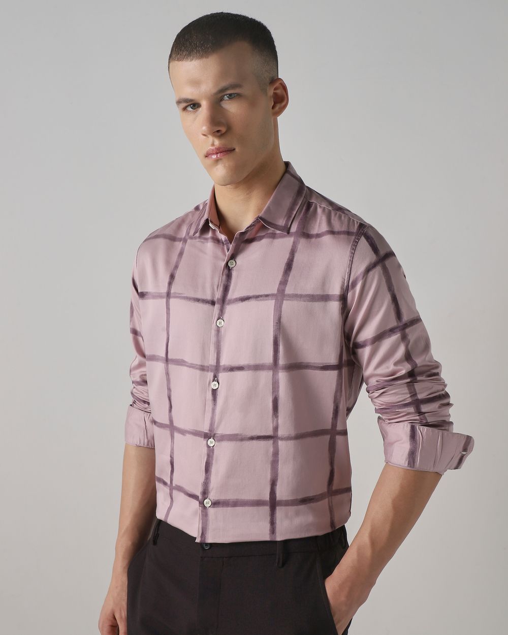 Lilac Large Check Slim Fit Casual Shirt