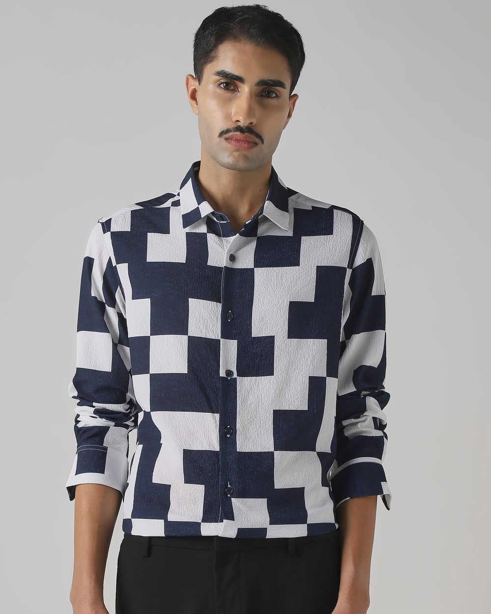 Navy Large Check Stretch Slim Fit Casual Shirt