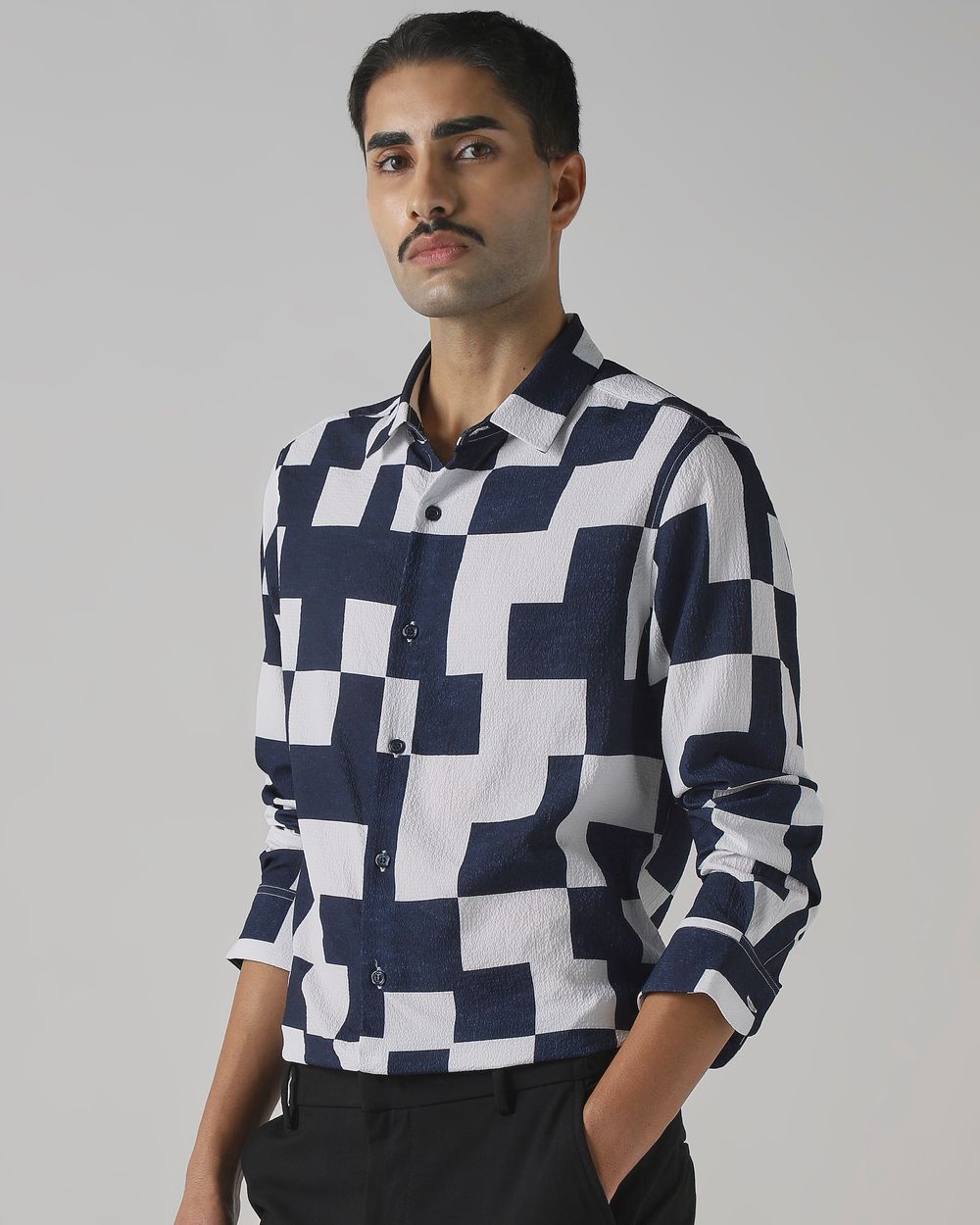 Navy Large Check Stretch Slim Fit Casual Shirt