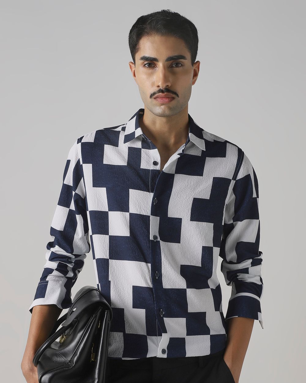 Navy Large Check Stretch Slim Fit Casual Shirt
