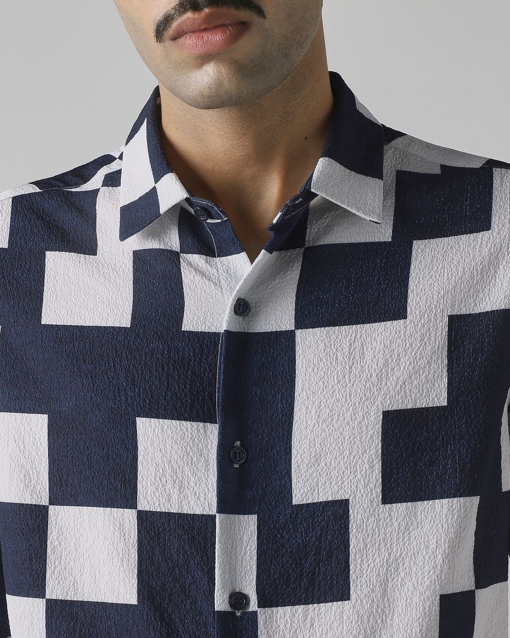 Navy Large Check Stretch Slim Fit Casual Shirt