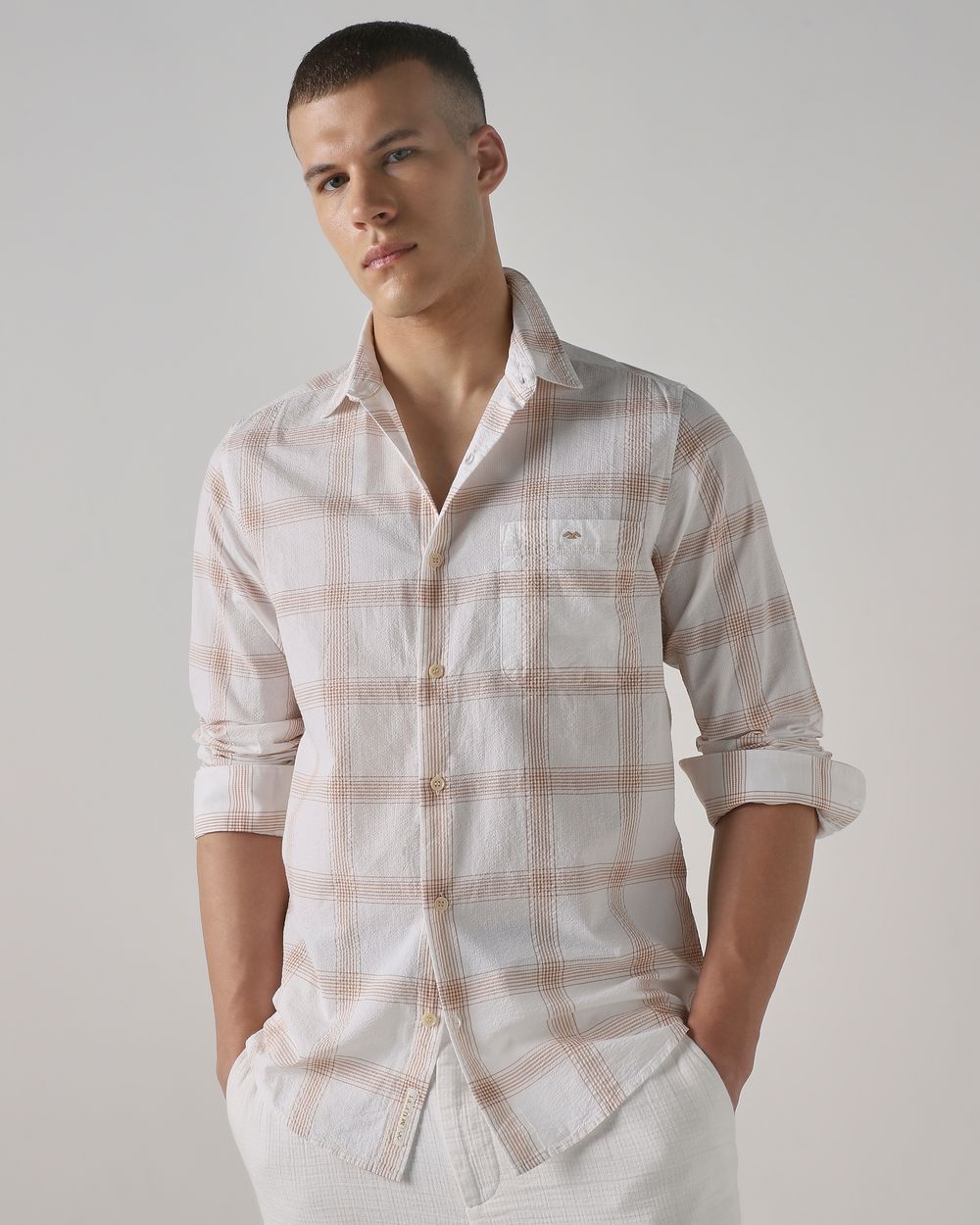 Beige Seersucker Check Slim Fit Casual Shirt