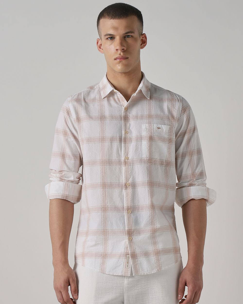 Beige Seersucker Check Slim Fit Casual Shirt