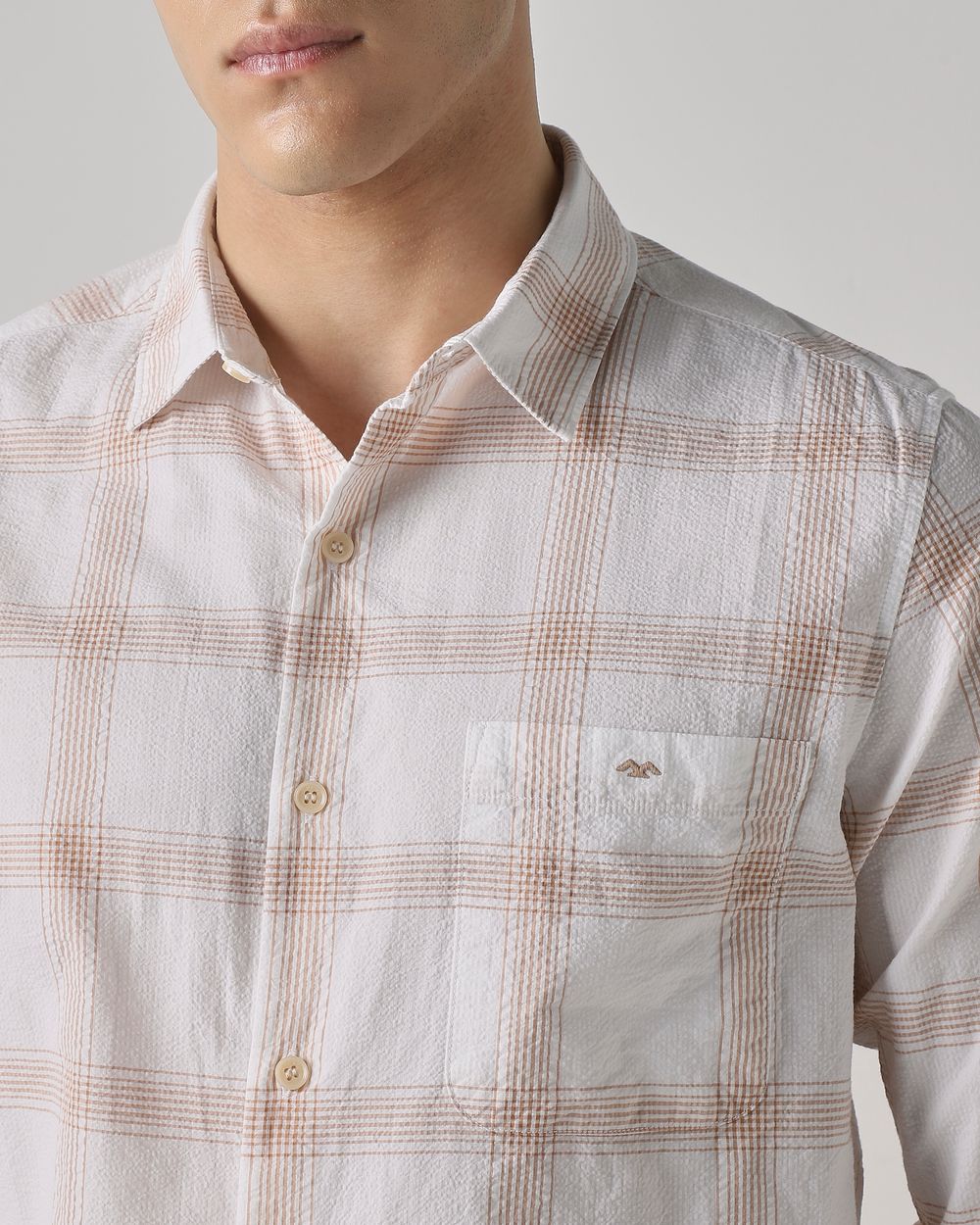 Beige Seersucker Check Slim Fit Casual Shirt