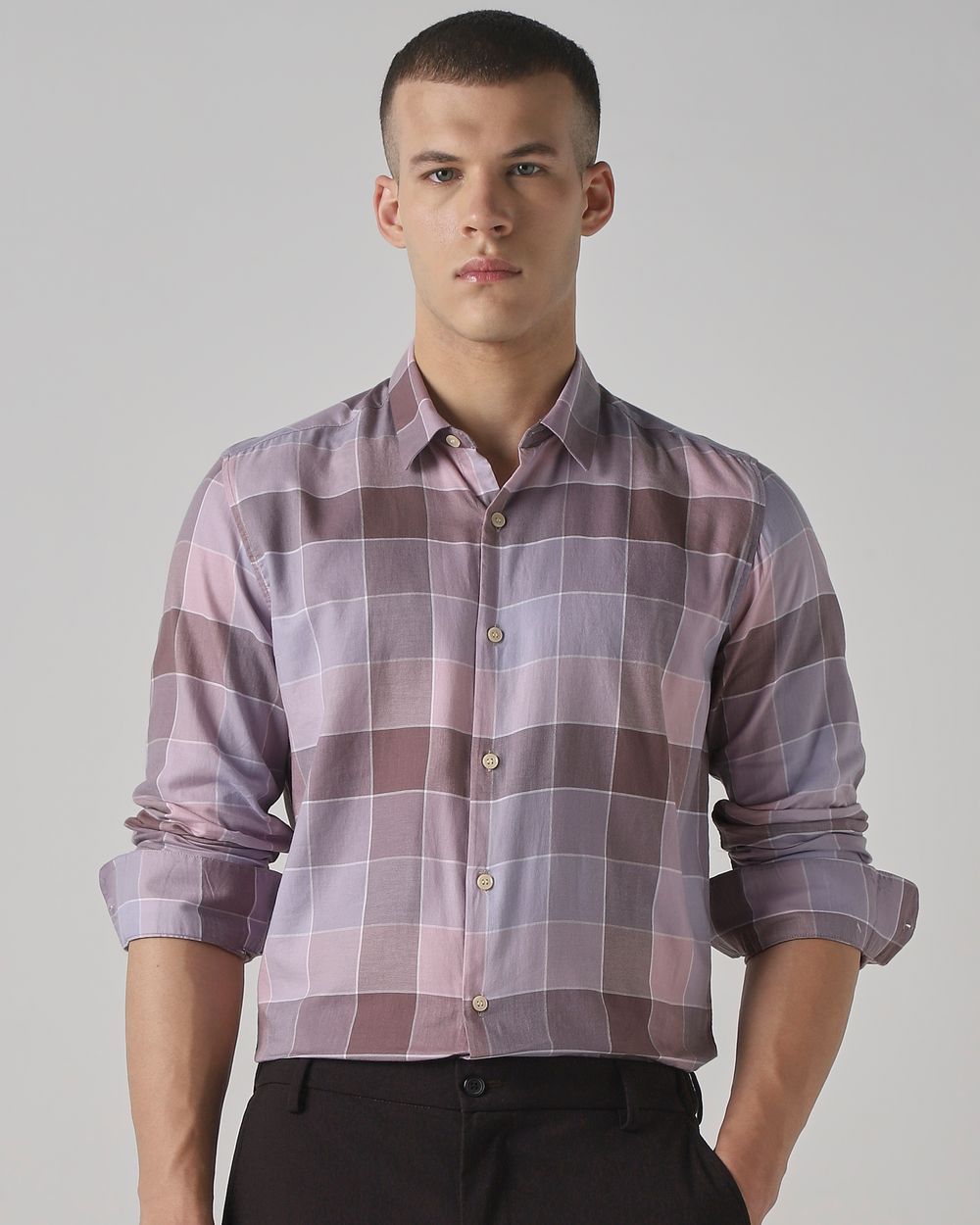 Lilac Large Check Slim Fit Casual Shirt