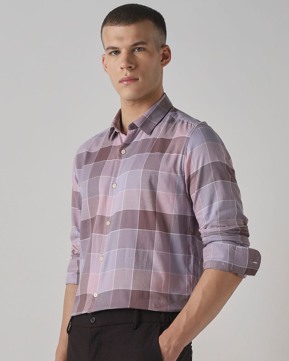 Lilac Large Check Slim Fit Casual Shirt