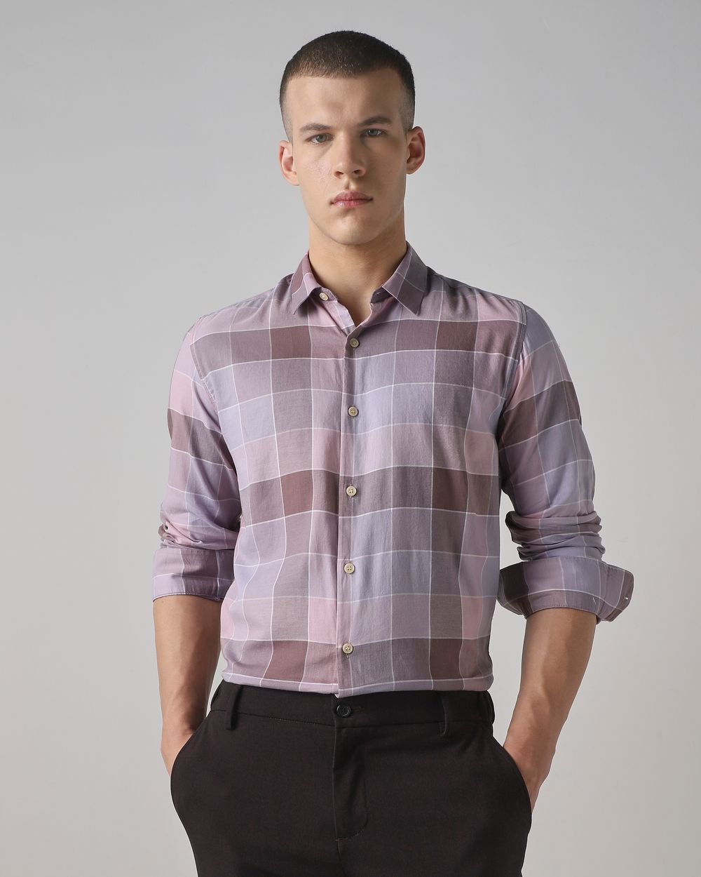 Lilac Large Check Slim Fit Casual Shirt