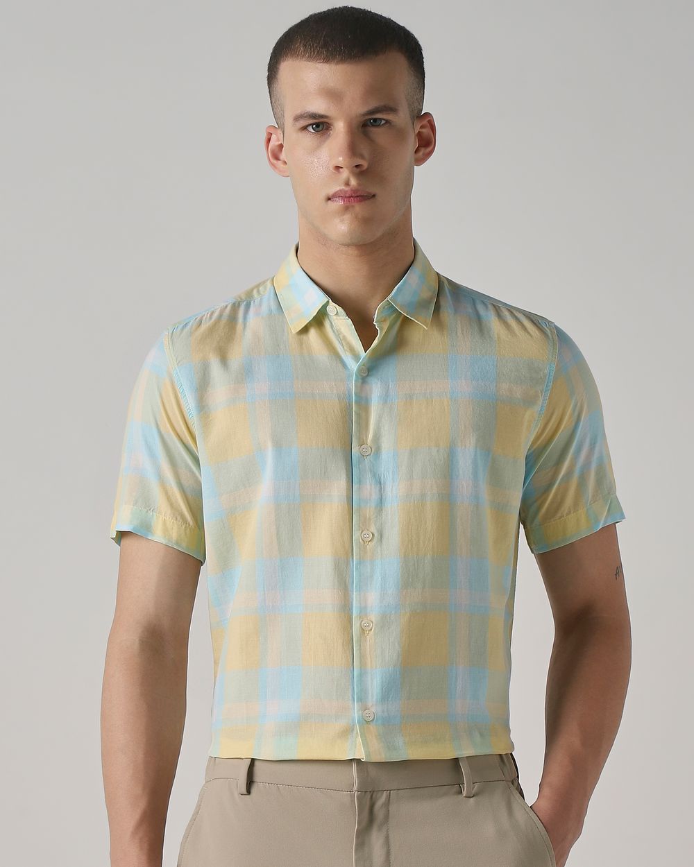Yellow Large Check Slim Fit Casual Shirt