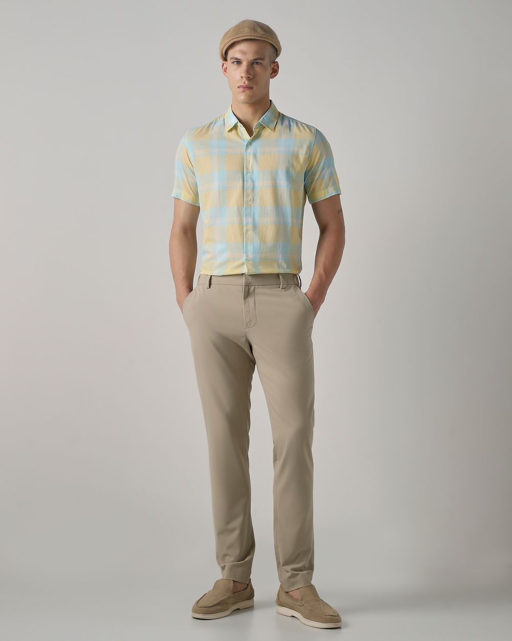 Yellow Large Check Slim Fit Casual Shirt