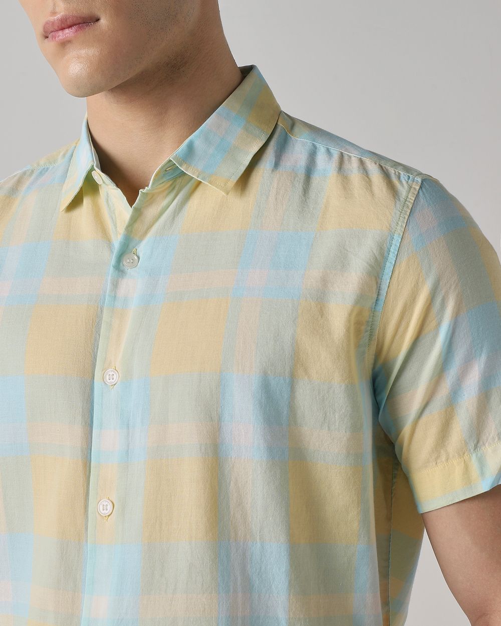 Yellow Large Check Slim Fit Casual Shirt