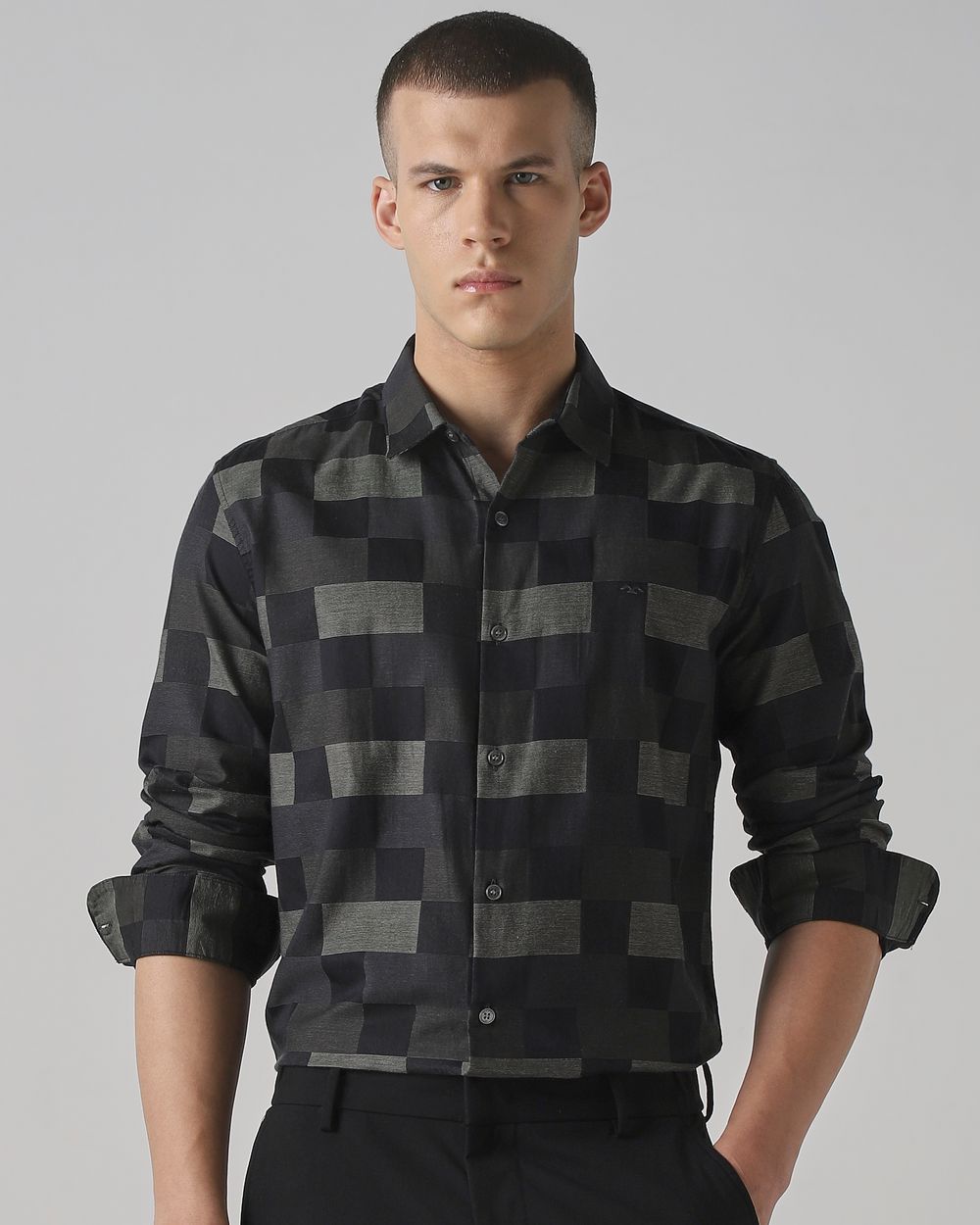 Black Tonal Check Slim Fit Casual Shirt