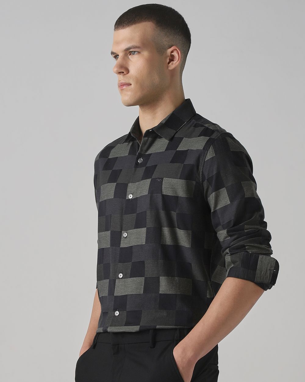 Black Tonal Check Slim Fit Casual Shirt
