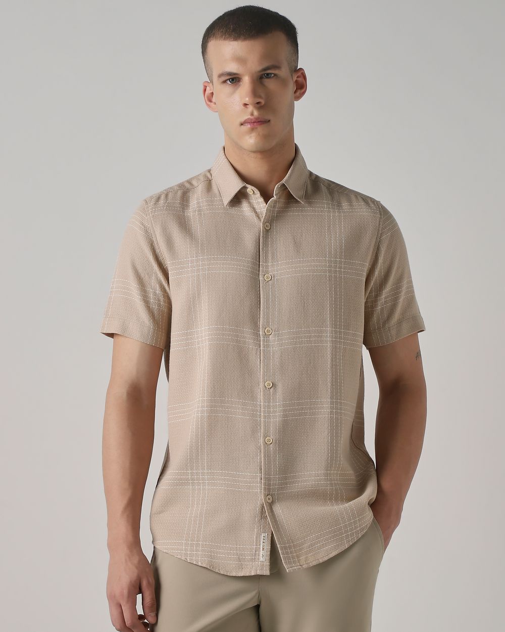 Beige Textured Check  Slim Fit Casual Shirt