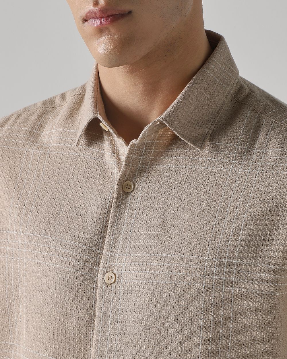 Beige Textured Check  Slim Fit Casual Shirt