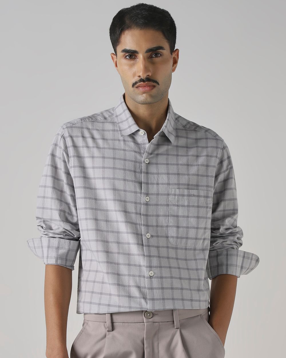 Light Grey Cotton Linen Check Slim Fit Casual Shirt