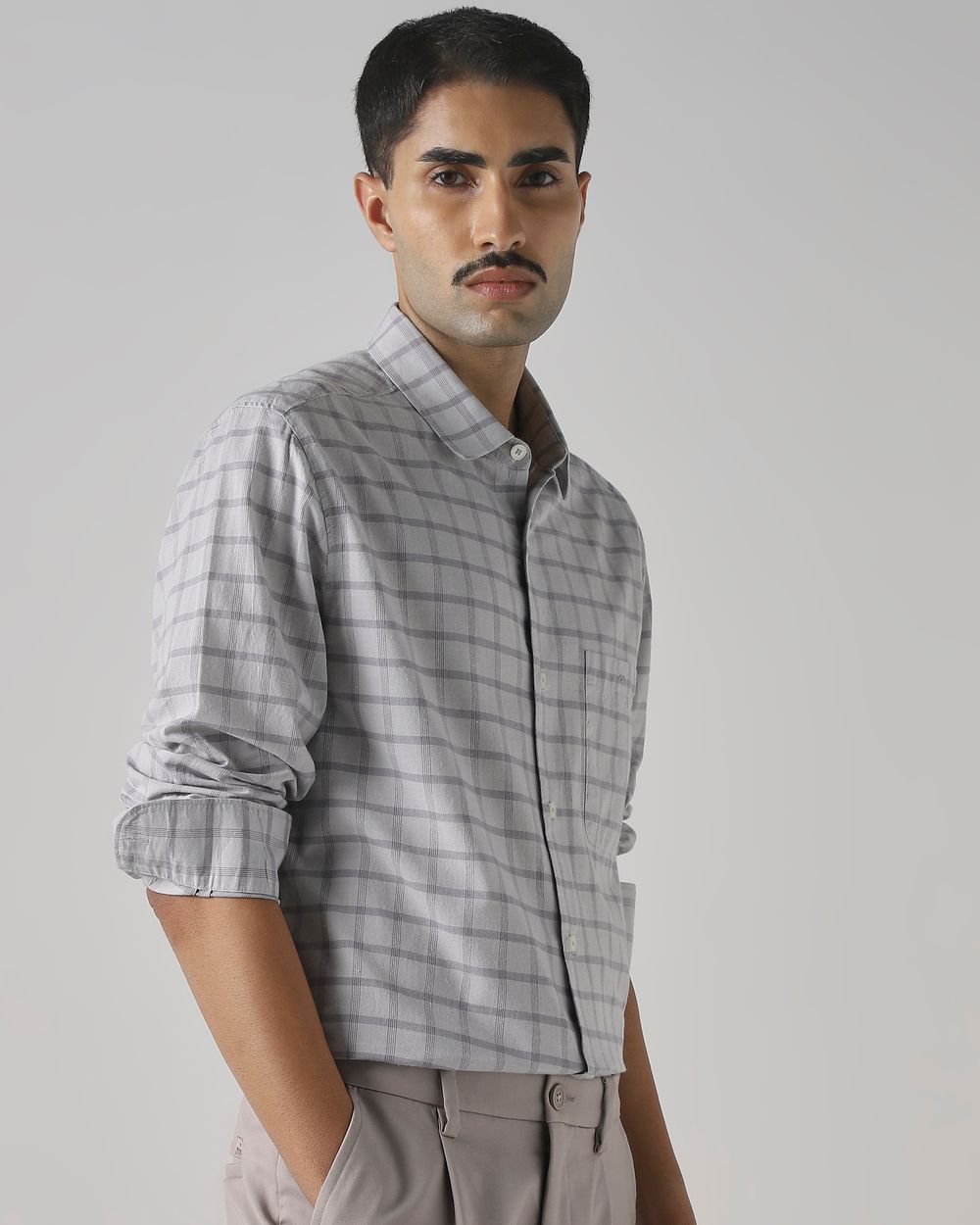 Light Grey Cotton Linen Check Slim Fit Casual Shirt