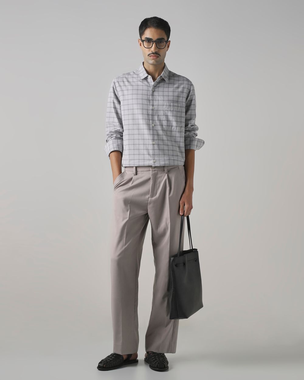 Light Grey Cotton Linen Check Slim Fit Casual Shirt