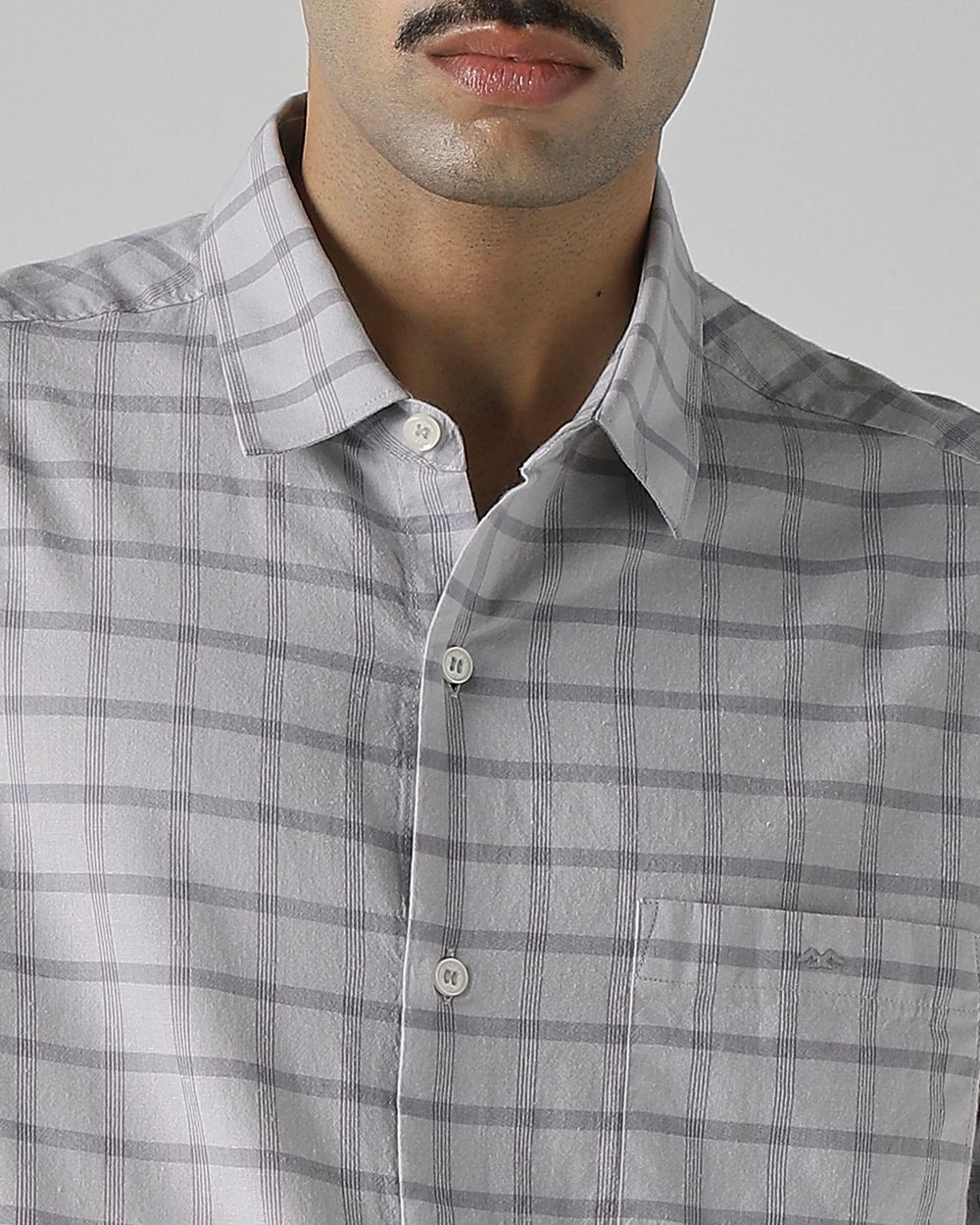 Light Grey Cotton Linen Check Slim Fit Casual Shirt