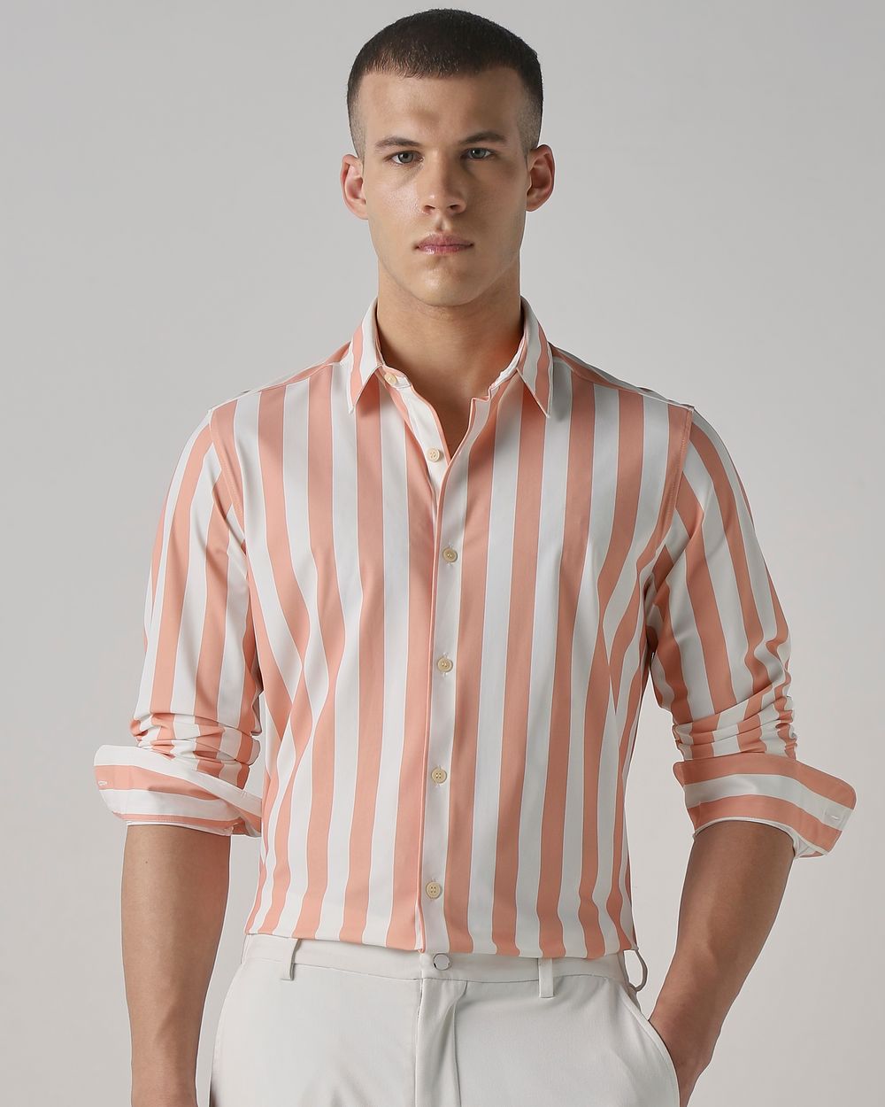 Peach Scuba Stripe Stretch Slim Fit Casual Shirt
