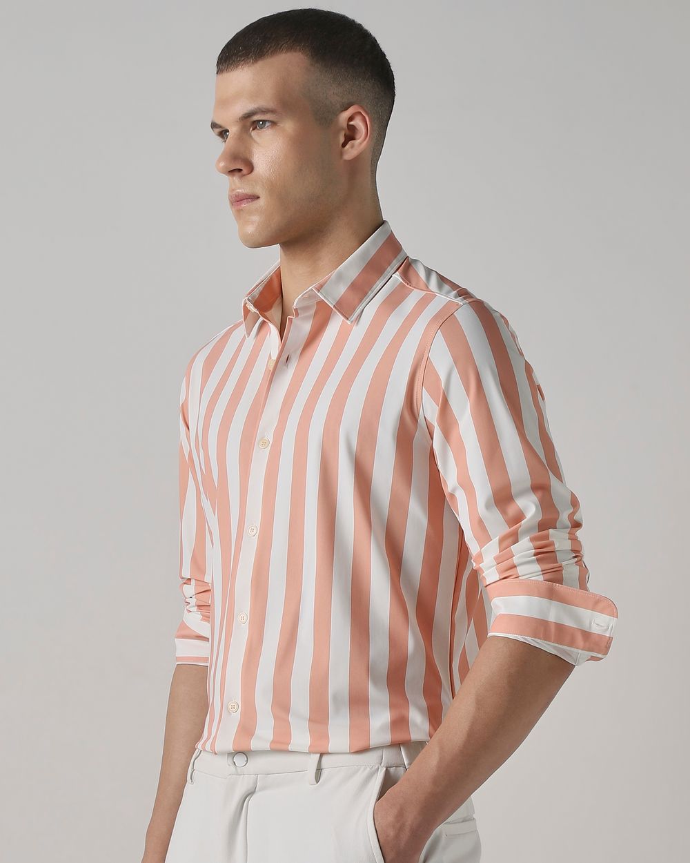 Peach Scuba Stripe Stretch Slim Fit Casual Shirt