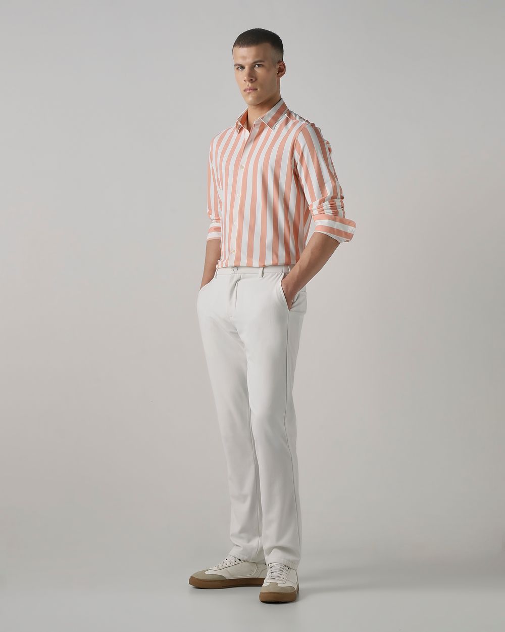 Peach Scuba Stripe Stretch Slim Fit Casual Shirt