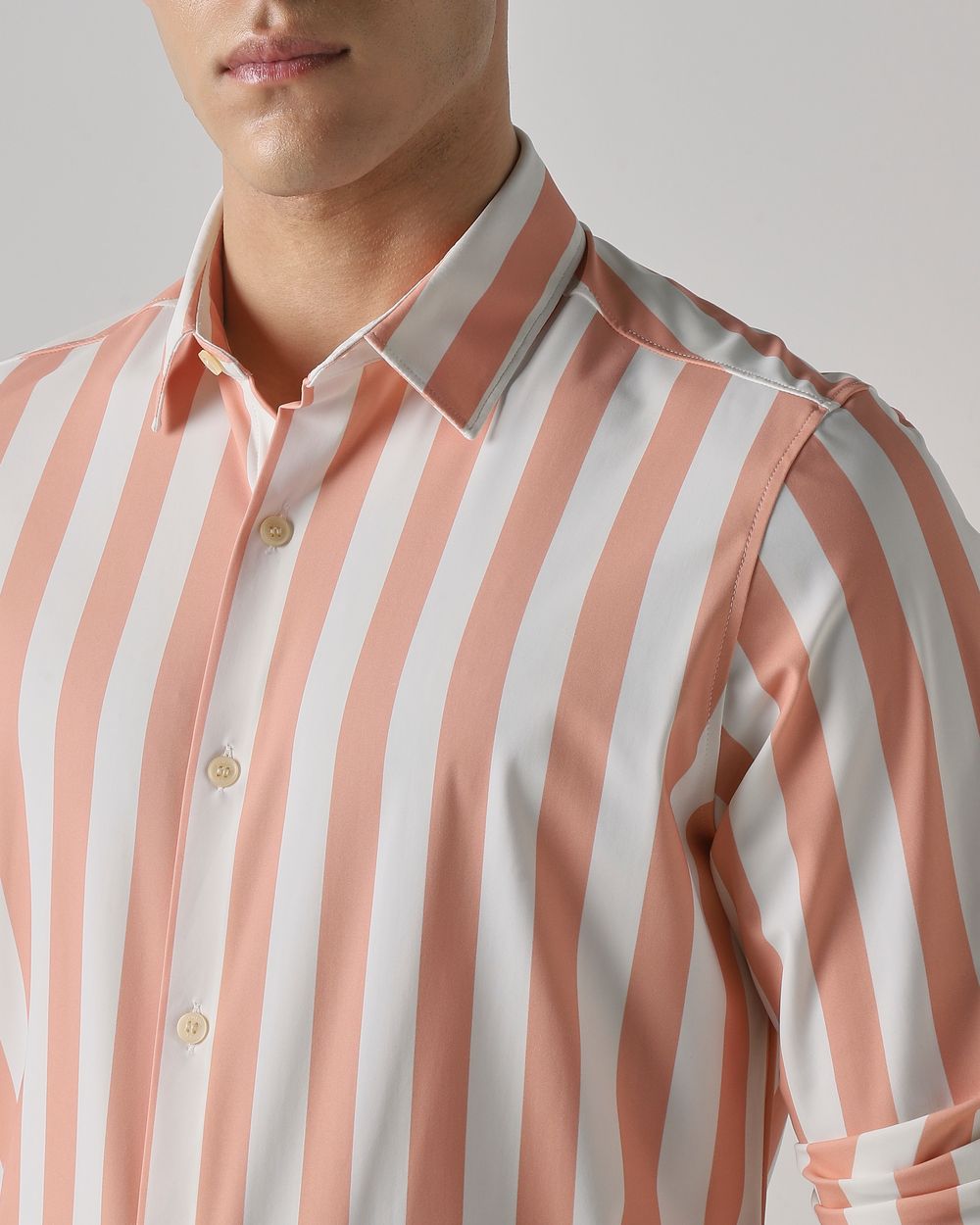 Peach Scuba Stripe Stretch Slim Fit Casual Shirt