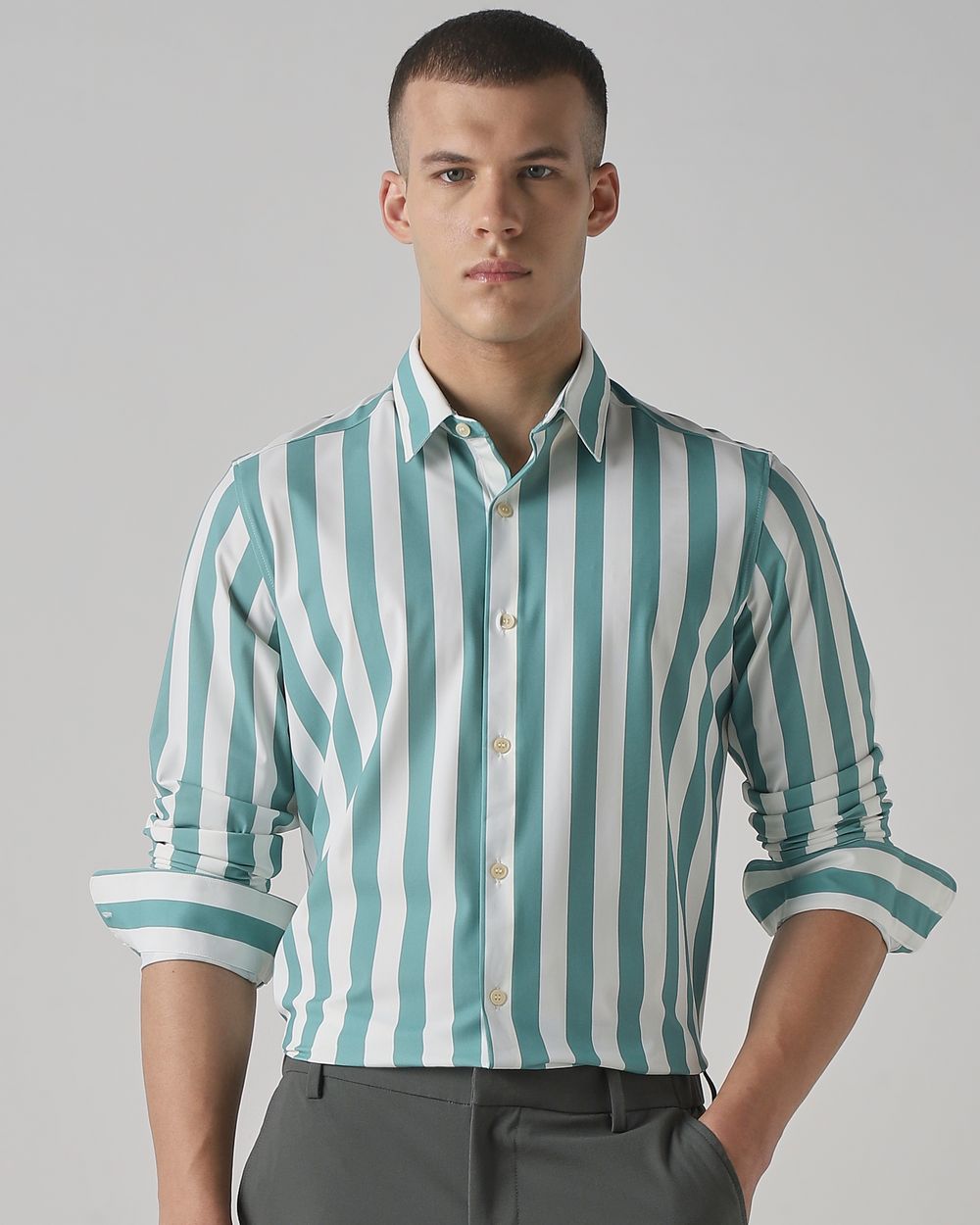 Teal Scuba Stripe Stretch Slim Fit Casual Shirt