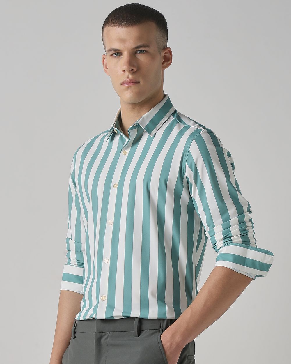 Teal Scuba Stripe Stretch Slim Fit Casual Shirt