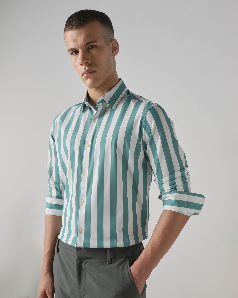 Teal Scuba Stripe Stretch Slim Fit Casual Shirt