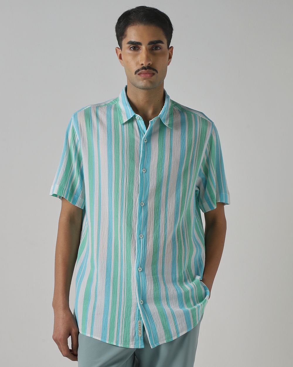 Green Textured Stripe Slim Fit Casual Shirt